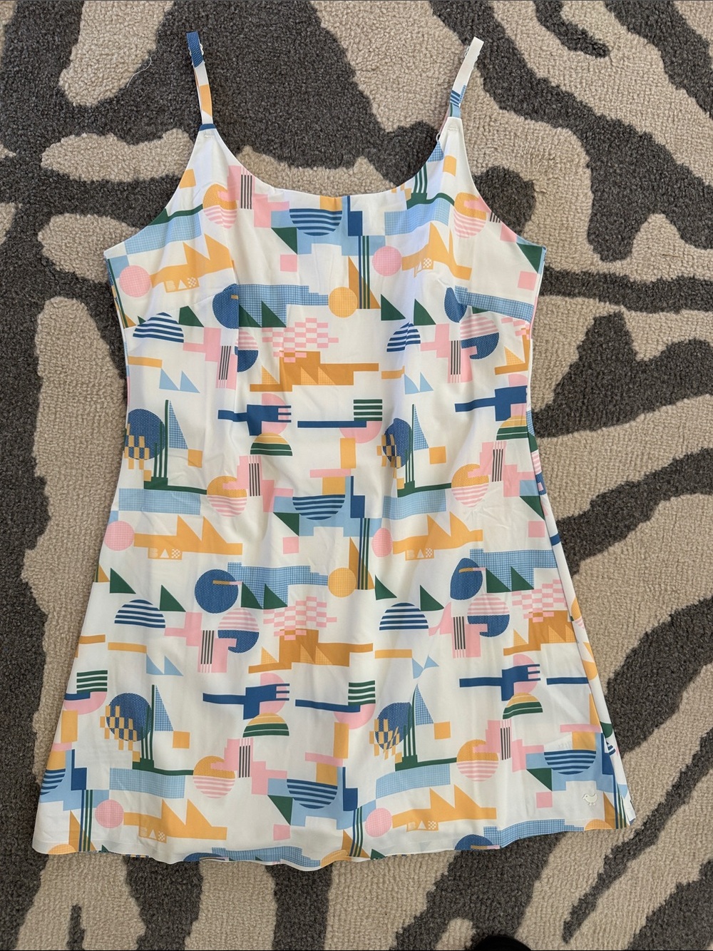 Bad Birdie White Geometric Print Slip Dress with Pastel Accents